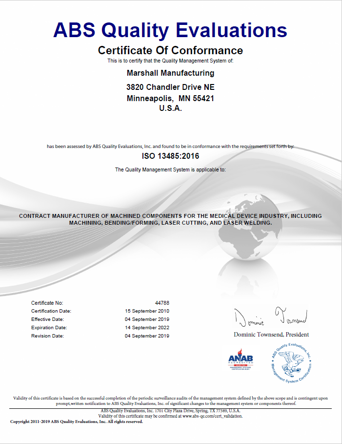 Marshall is ISO 13485:2016 Certified