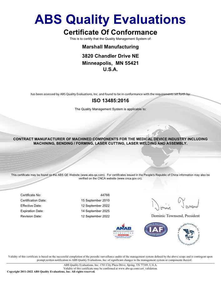 Marshall is ISO 13485:2016 Certified