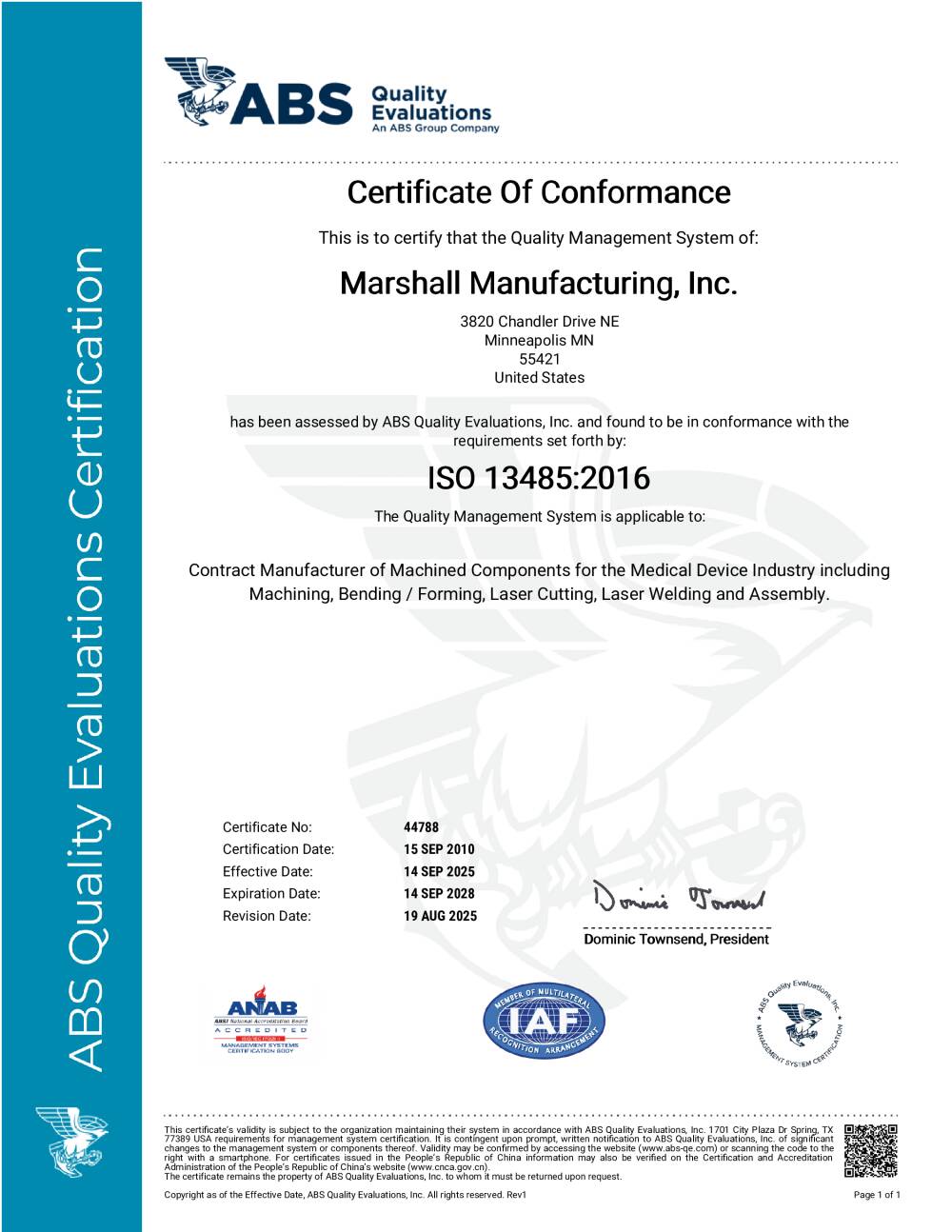 Marshall is ISO 13485:2016 Certified
