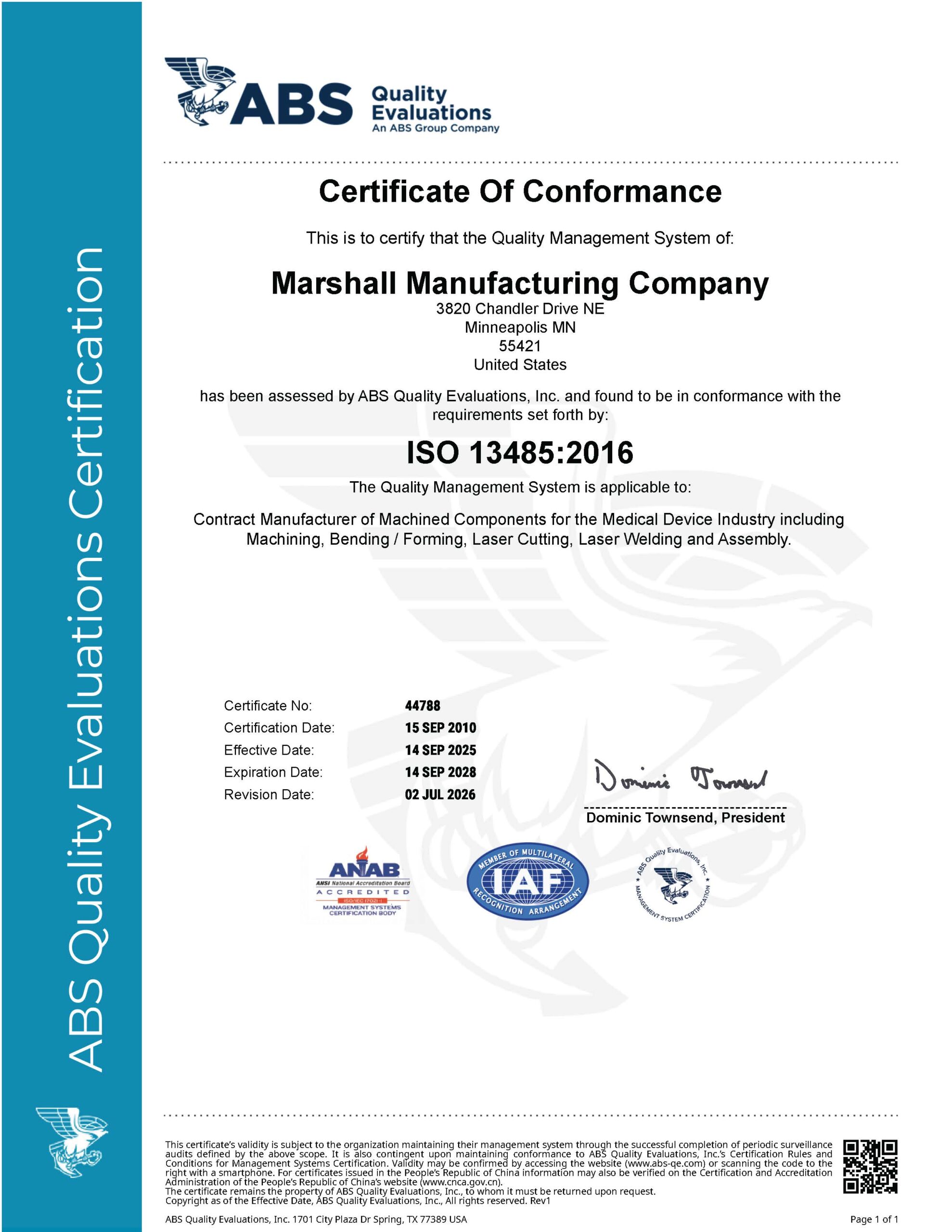 Marshall is ISO 13485:2016 Certified
